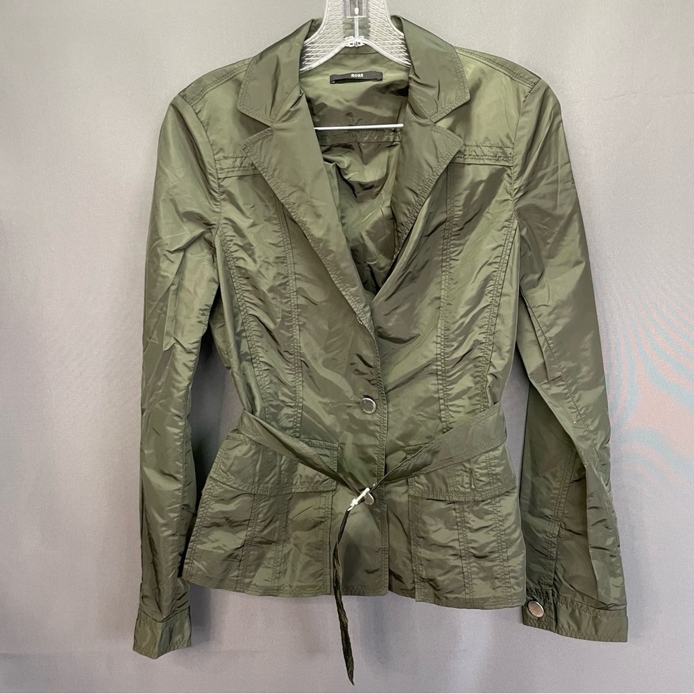 Hugo Boss green slick blazer jacket with waist belt and rutched/smocked back